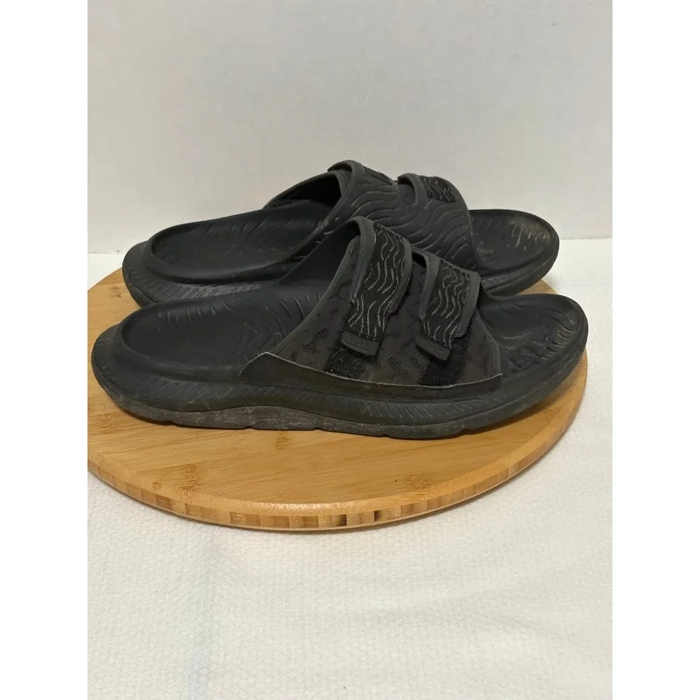 Hoka Ora Luxe Black Recovery Slides Adjustable Strap Sandals Mens 12in Insole
